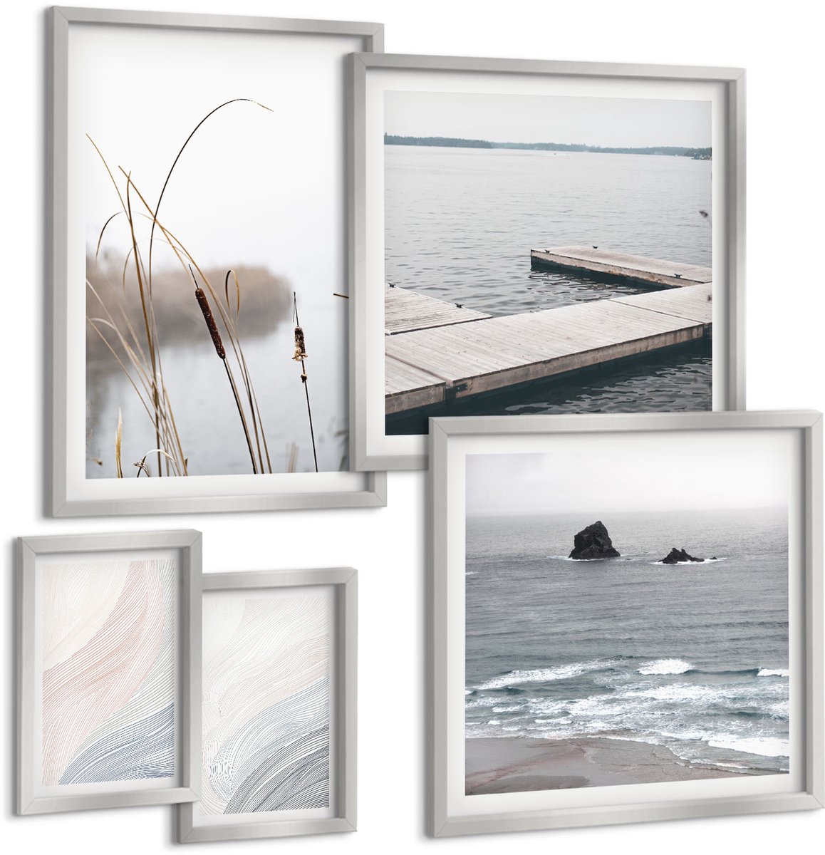 TULUP 4-Delige Schilderij Set - Minimalistische zeegezichten met zachte golven - 50 x 50 cm, 20 x 30 cm en 40 x 60 cm - Muurdecoratie - Schilderijen Set - Woonkamer - Interieur Decoratie Zilveren lijst