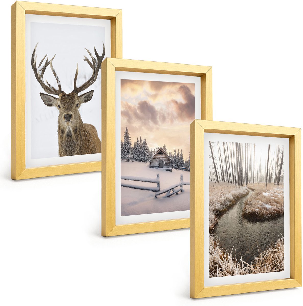 TULUP 4-Delige Schilderij Set - Winterlandschap met hertenhut en beekje - 20 x 30 cm - Muurdecoratie - Decoratieve Schilderijen - Wohnzimmer - Woonkamer Decoratie Gouden lijst