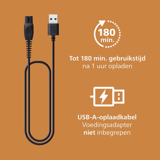 USB-A oplaadkabel voor Philips haartrimmer, 180 minuten gebruiksduur na 1 uur opladen.