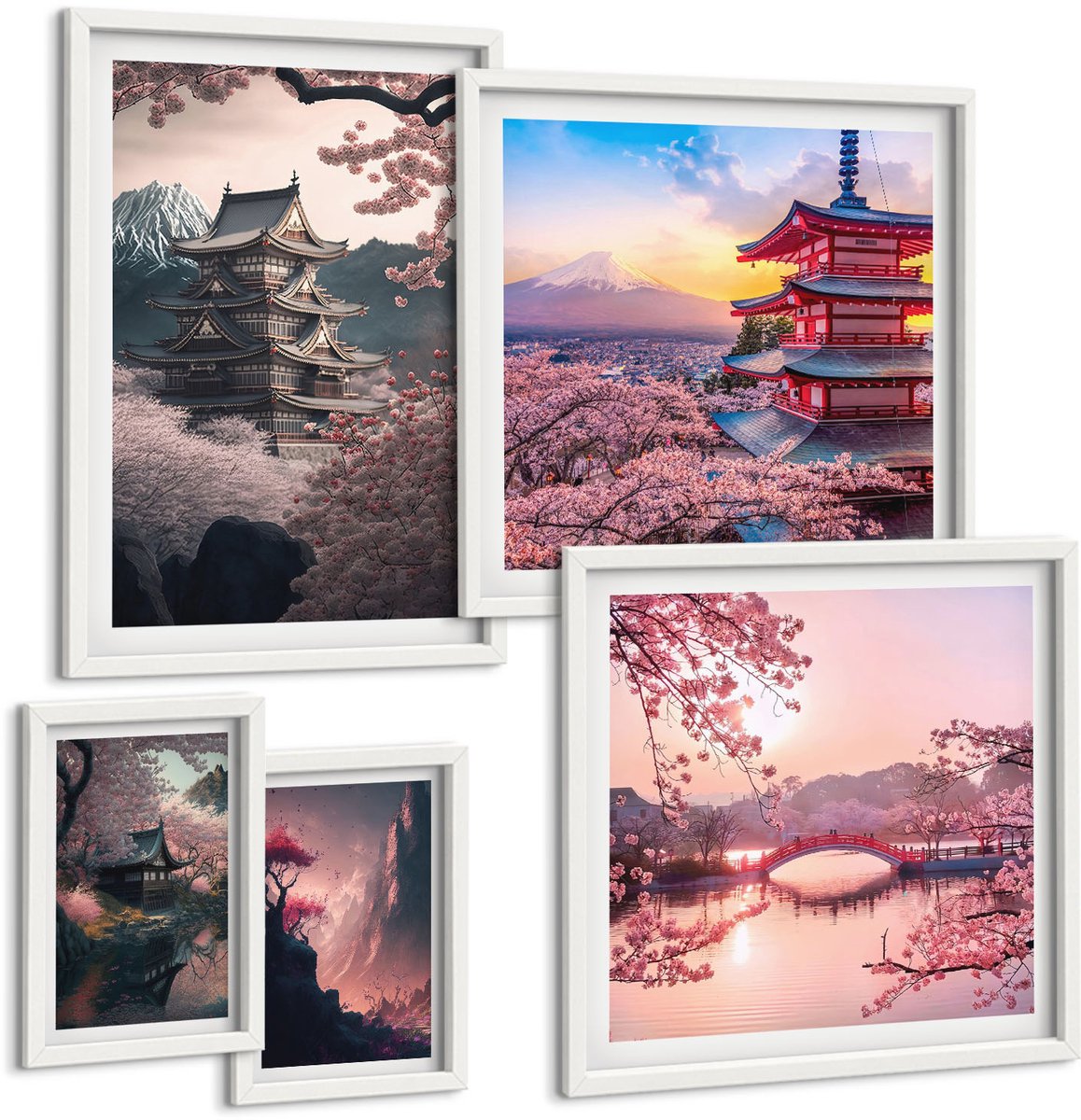 Tulup 4-Delige Schilderij Set - Japanse landschappen met kersenbloesems en pagodes - 50 x 50 cm, 20 x 30 cm en 40 x 60 cm - Muurdecoratie - Wanddecoratie - Slaapkamer - Woonkamer Decoratie