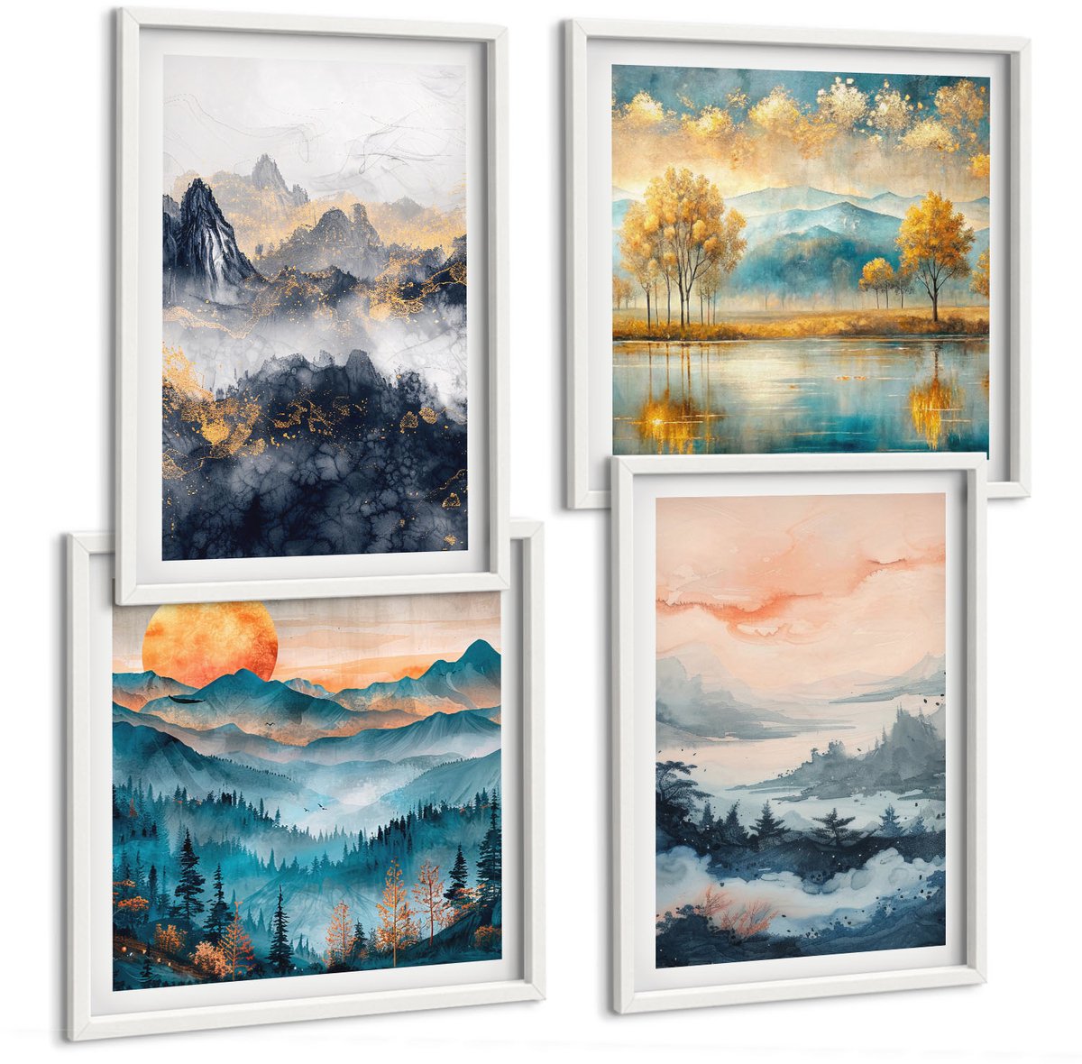 Tulup 4-Delige Schilderij Set - Abstracte, geschilderde natuurgezichten - 40x40 en 40x60 - Stijlvolle Muurdecoratie - Kantoor