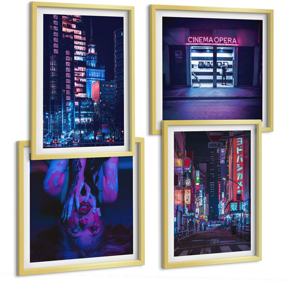 TULUP 4-Delige Schilderij Set - Nachtstad met neonlichten en bioscoopingang - 40 x 40 cm en 40 x 60 cm - Moderne Wanddecoratie - Slaapkamer Gouden lijst