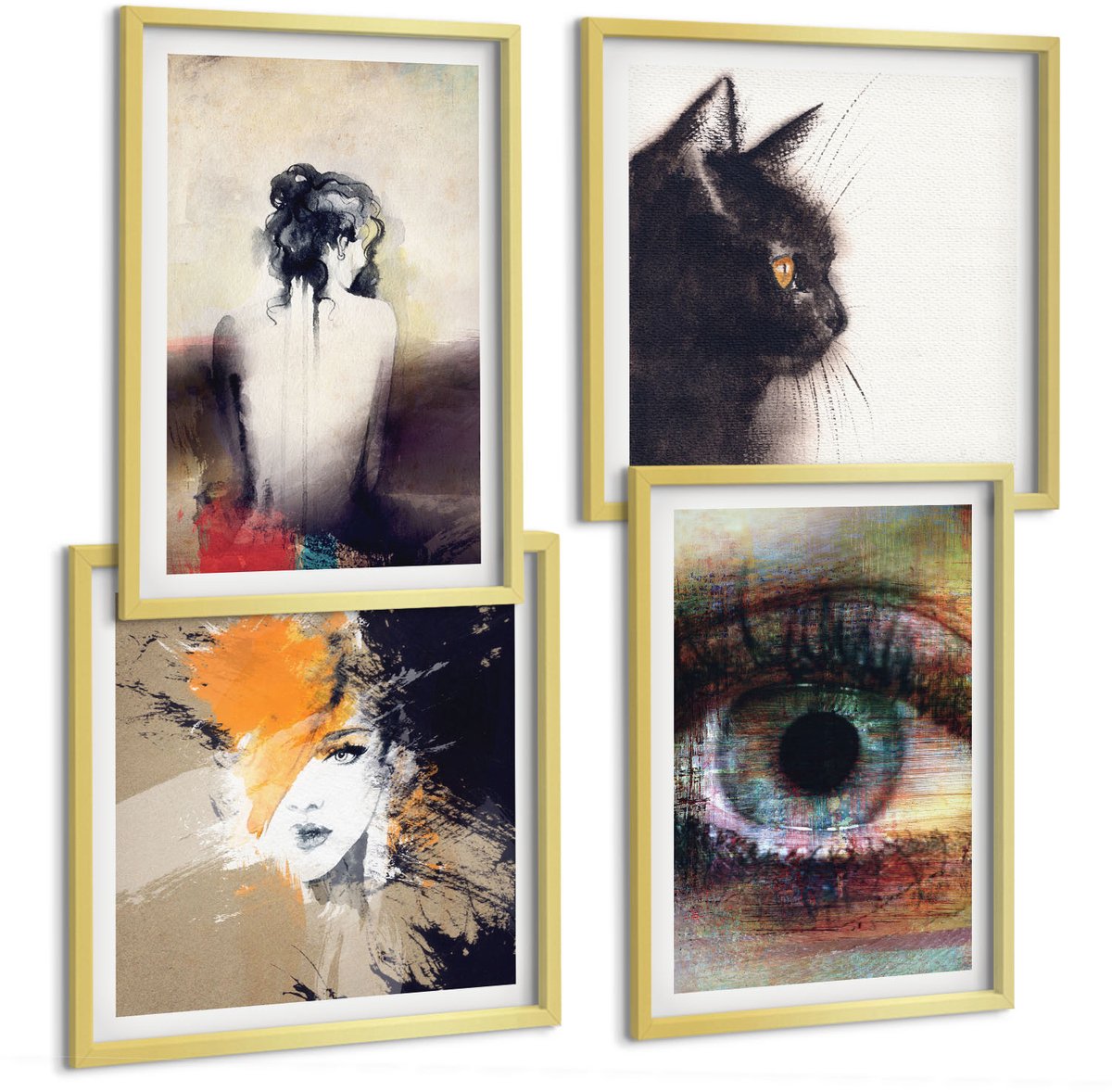 TULUP 4-Delige Schilderij Set - Portret van een vrouwenoog Abstracte kleuren Emoties - 40 x 40 cm en 40 x 60 cm - Muurdecoratie - Decoratieve Schilderijen - Wohnzimmer - Interieur Decoratie Gouden lijst