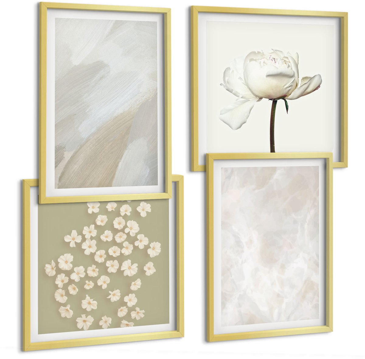 TULUP 4-Delige Schilderij Set - Bloemen en trendy texturen, delicate boho-stijl - 40 x 40 cm en 40 x 60 cm - Wanddecoratie - Schilderijen Set - Kantoor - Interieur Decoratie Gouden lijst