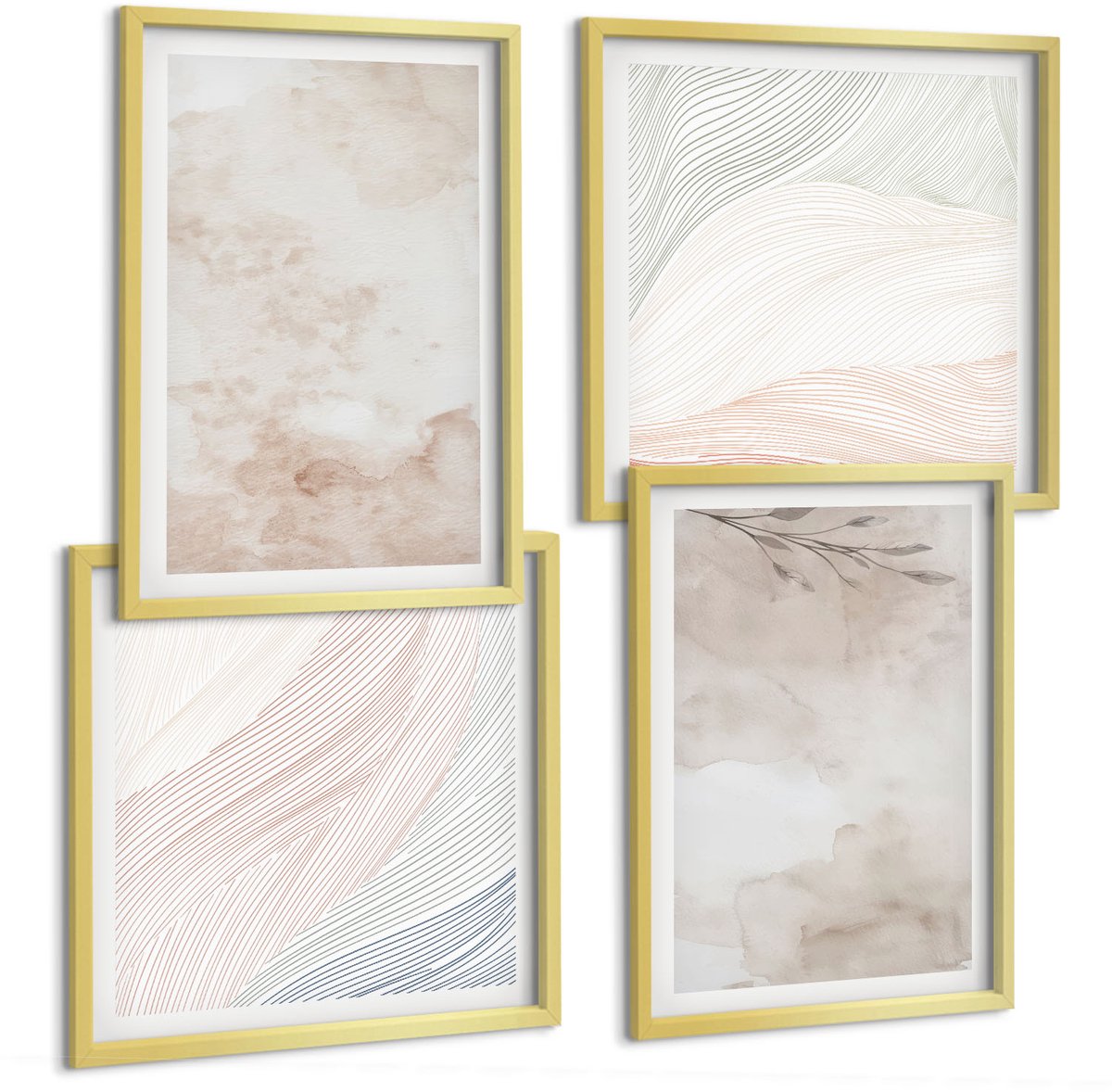 TULUP 4-Delige Schilderij Set - Aquarelvlekken en bladeren in pastelkleuren - 40 x 40 cm en 40 x 60 cm - Schilderijen Set - Wanddecoratie - Woonkamer - Stijlvolle Muurdecoratie Gouden lijst