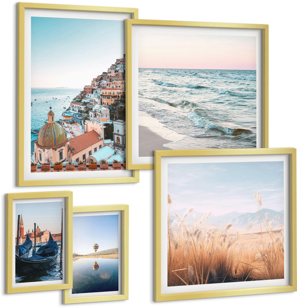 TULUP 5-Delige Schilderij Set - Charmante uitzichten op kustplaatsen en landschappen - 50 x 50 cm, 20 x 30 cm en 40 x 60 cm - Moderne Wanddecoratie - Slaapkamer - Muurdecoratie Gouden lijst