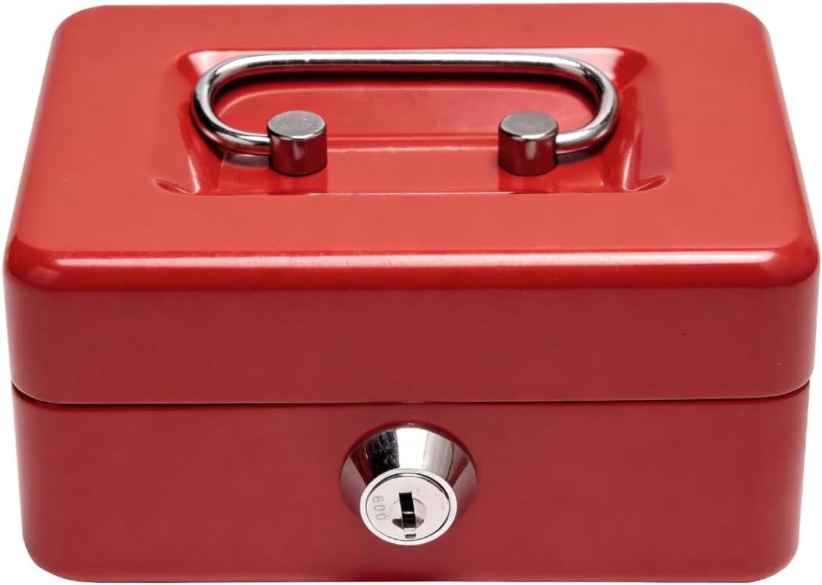 Geldkistje - Rood - 12,5 x 9,5 x 6 cm - Metalen Spaarpot met Sleutel en Handvat - Voor Thuis en Op Kantoor