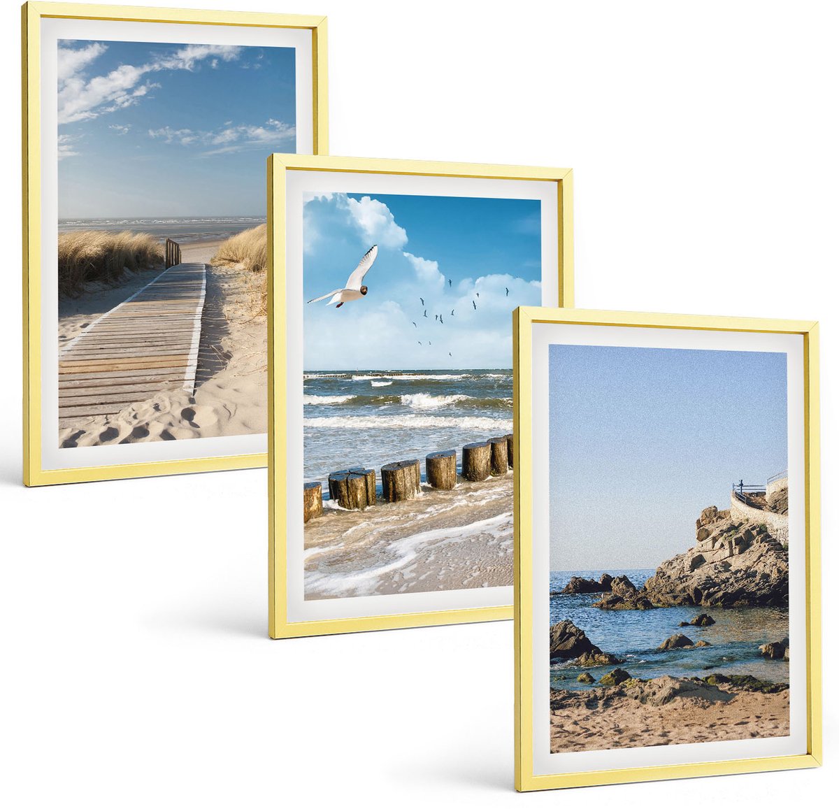 TULUP 4-Delige Schilderij Set - Strand met een houten pad, zee en kliffen aan zee. - 40 x 60 cm - Wanddecoratie - Muurdecoratie - Woonkamer - Stijlvolle Muurdecoratie Gouden lijst