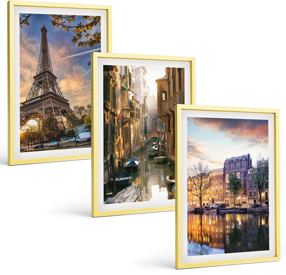 TULUP 4-Delige Schilderij Set - De Eiffeltoren, de grachten van Venetië en de straten van Amsterdam. - 40 x 60 cm - Muurdecoratie - Decoratieve Schilderijen - Wohnzimmer - Wanddecoratie Gouden lijst