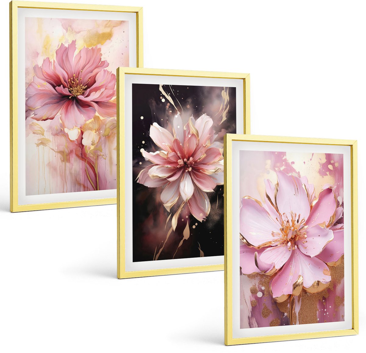 TULUP 4-Delige Schilderij Set - Bloemencomposities in roze en witte tinten. - 40 x 60 cm - Wanddecoratie - Schilderijen Set - Interieur - Decoratieve Schilderijen Gouden lijst