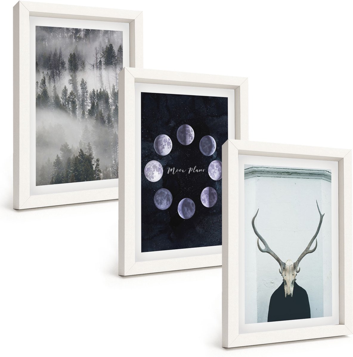 Tulup 3-Delige Schilderij Set - Boslandschap in de mist Maanfasen Hertenschedel - 20x30 - Moderne Wanddecoratie - Woonkamer - Interieur Decoratie