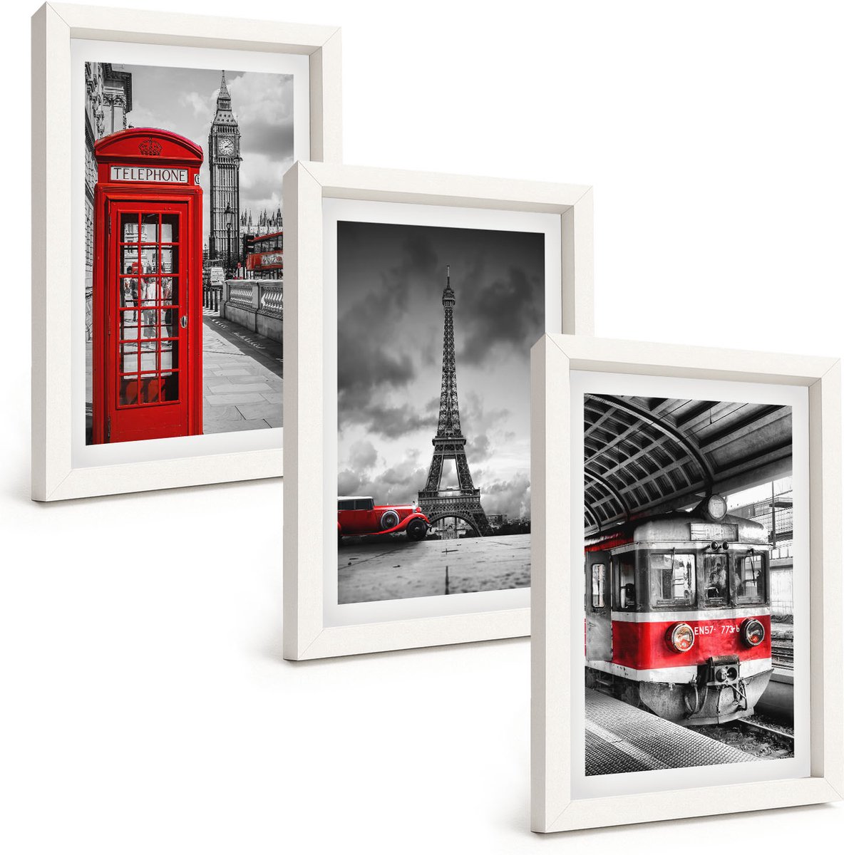 Tulup 3-Delige Schilderij Set - Iconische steden: Londen, Parijs en het spoorvervoer - 20x30 - Stijlvolle Muurdecoratie - Slaapkamer