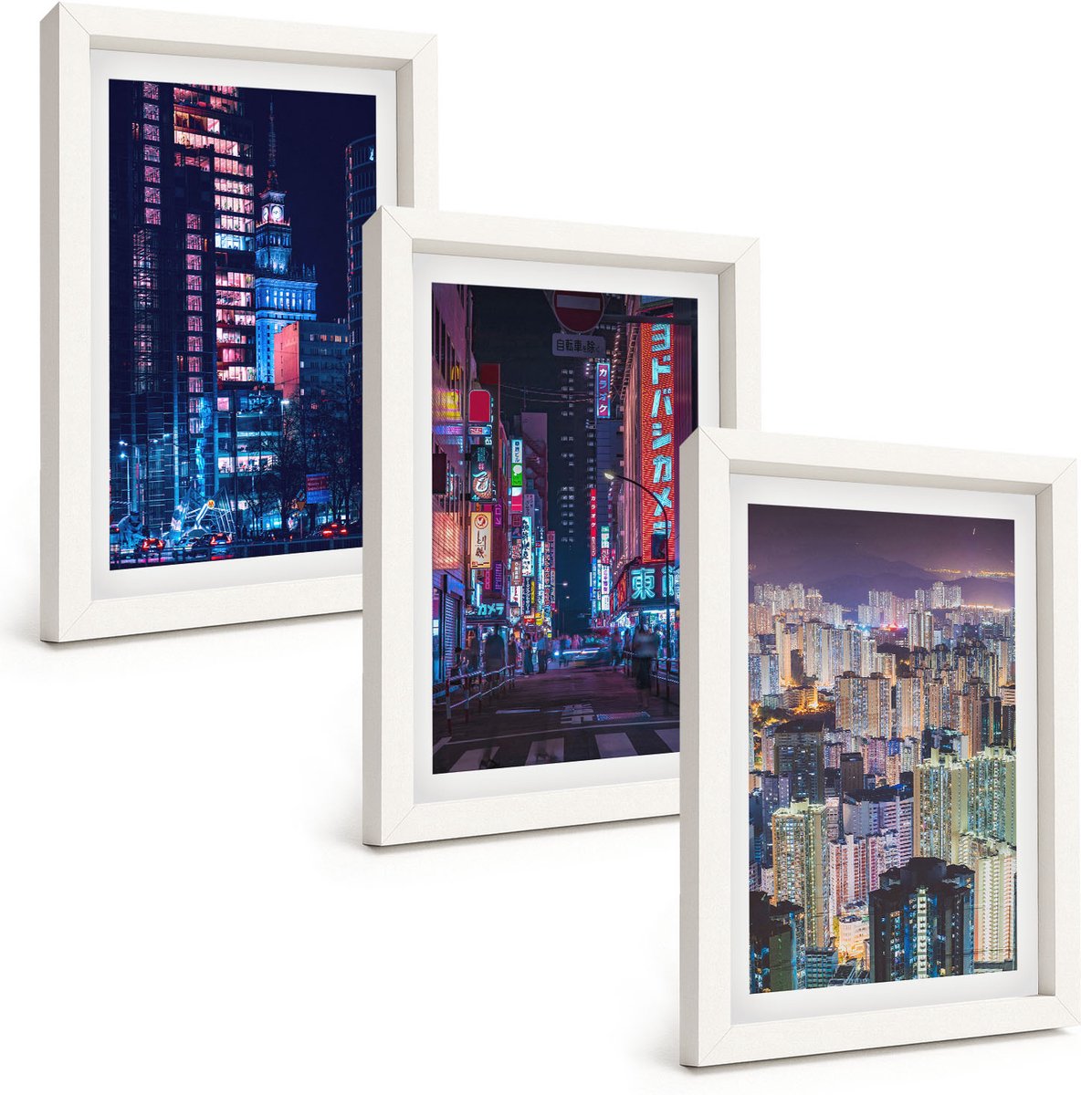 Tulup 3-Delige Schilderij Set - Nachtelijke stadsgezichten met neonlichten - 20x30 - Moderne Wanddecoratie - Slaapkamer - Stijlvolle Muurdecoratie