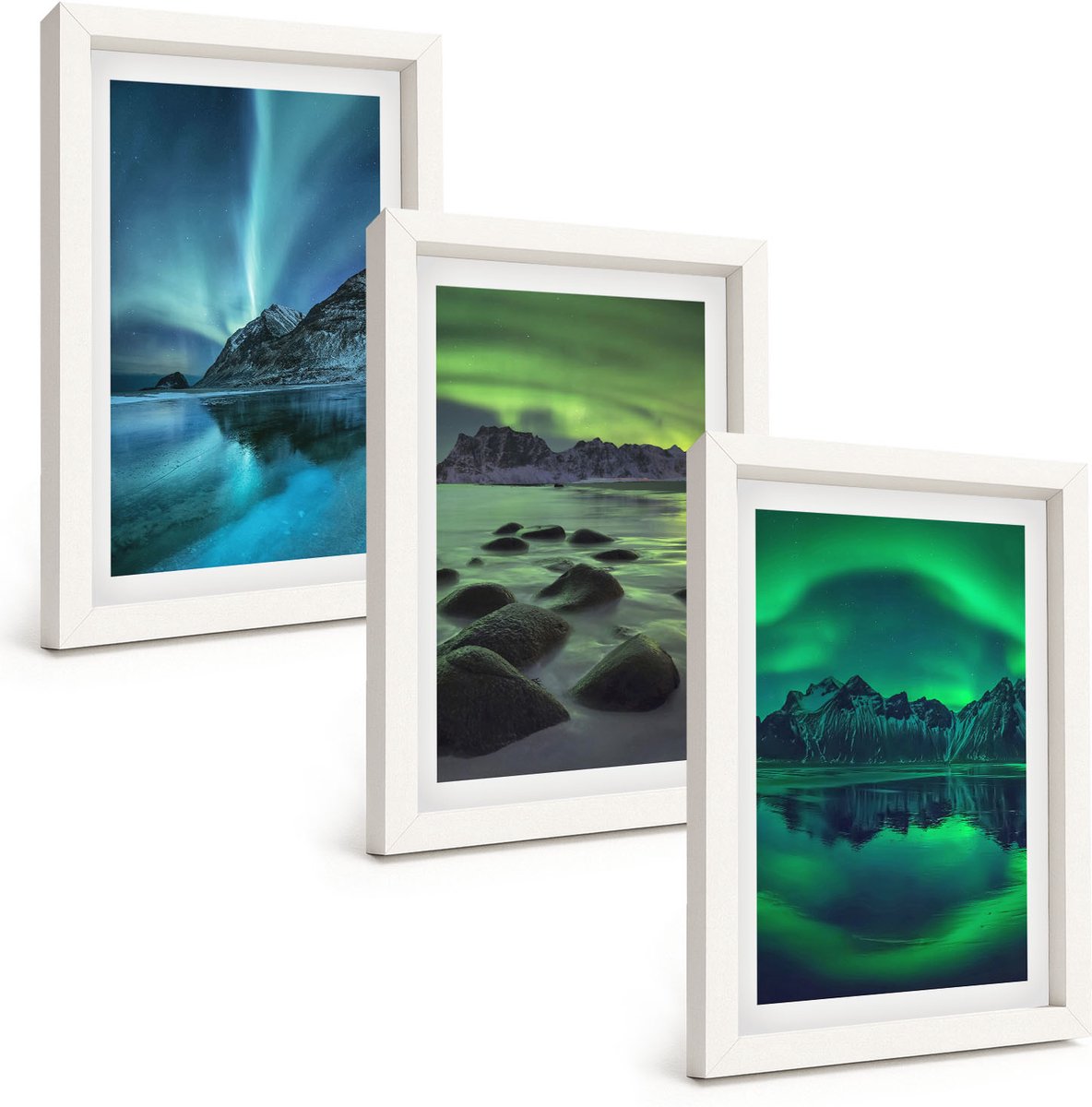 Tulup 3-Delige Schilderij Set - Winterlandschap met noorderlicht en bergen - 20x30 - Moderne Wanddecoratie - Woonkamer - Muurdecoratie