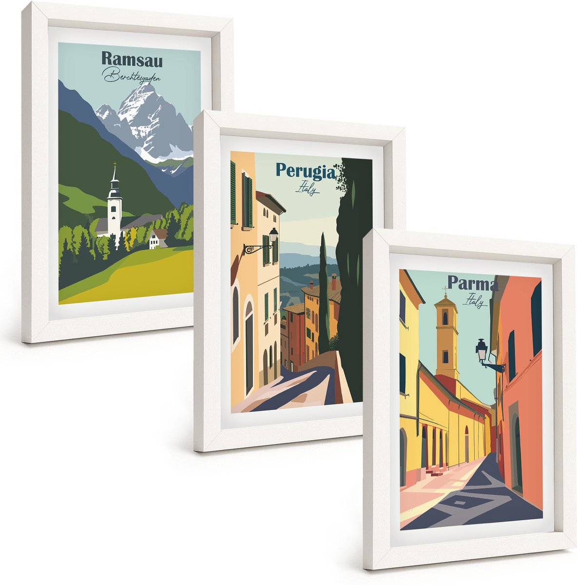 Tulup 3-Delige Schilderij Set - Berglandschappen en straten van Italiaanse steden - 20x30 - Muurdecoratie - Decoratieve Schilderijen - Wohnzimmer - Woonkamer Decoratie