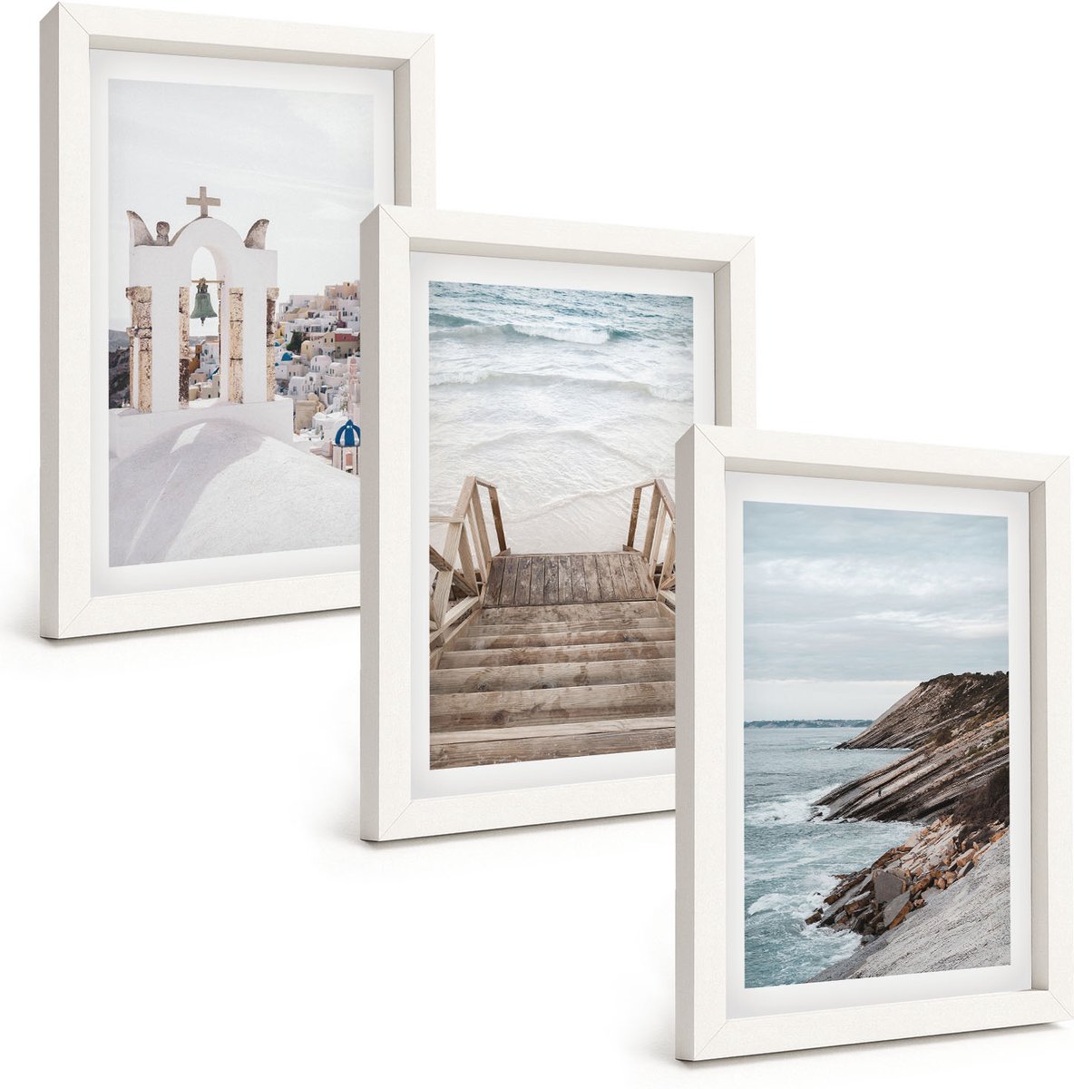 Tulup 3-Delige Schilderij Set - Uitzicht op de zee en de architectuur van Santorini tegen de hemel. - 20x30 - Wanddecoratie - Moderne Interieurdecoratie - Stijlvolle Muurdecoratie