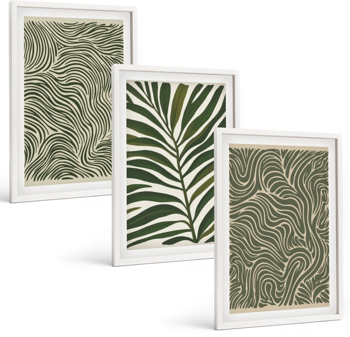 Tulup 3-Delige Schilderij Set - Abstracte patronen met bladeren en golvende vormen - 40x60 - Decoratieve Schilderijen - Woonkamer - Interieur - Stijlvolle Muurdecoratie