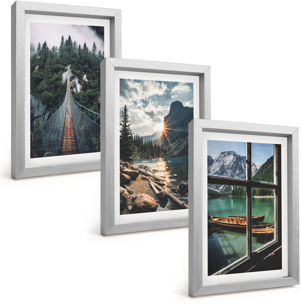 Tulup 4-Delige Schilderij Set - Brug in het bos, meer met boten, uitzicht op de bergen - 20 x 30 cm - Wanddecoratie - Schilderijen Set - Kantoor - Interieur Decoratie