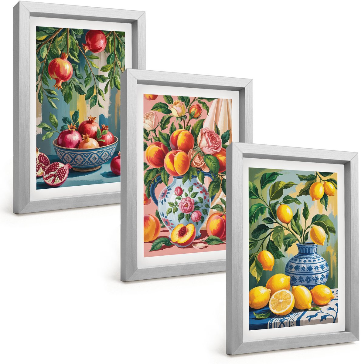 Tulup 4-Delige Schilderij Set - Fruitcomposities met granaatappels, citroenen en perziken - 20 x 30 cm - Wanddecoratie - Schilderijen Set - Interieur - Woonkamer Decoratie