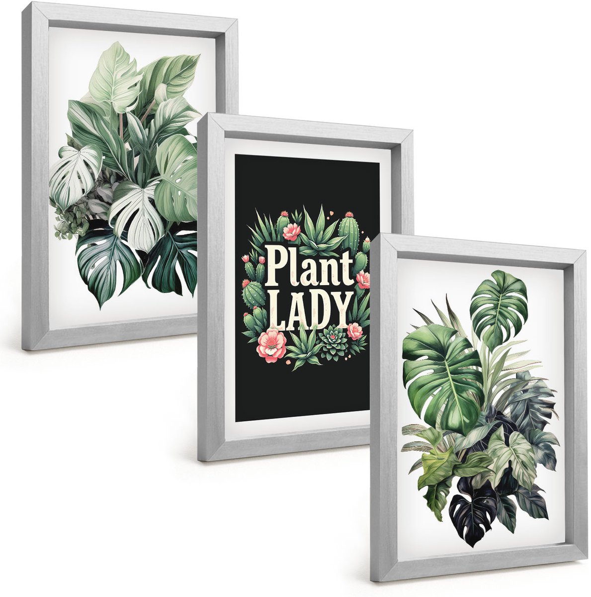 Tulup 4-Delige Schilderij Set - Tropische planten met het opschrift 'Plant Lady' in het groen. - 20 x 30 cm - Muurdecoratie - Wanddecoratie - Hal - Stijlvolle Muurdecoratie
