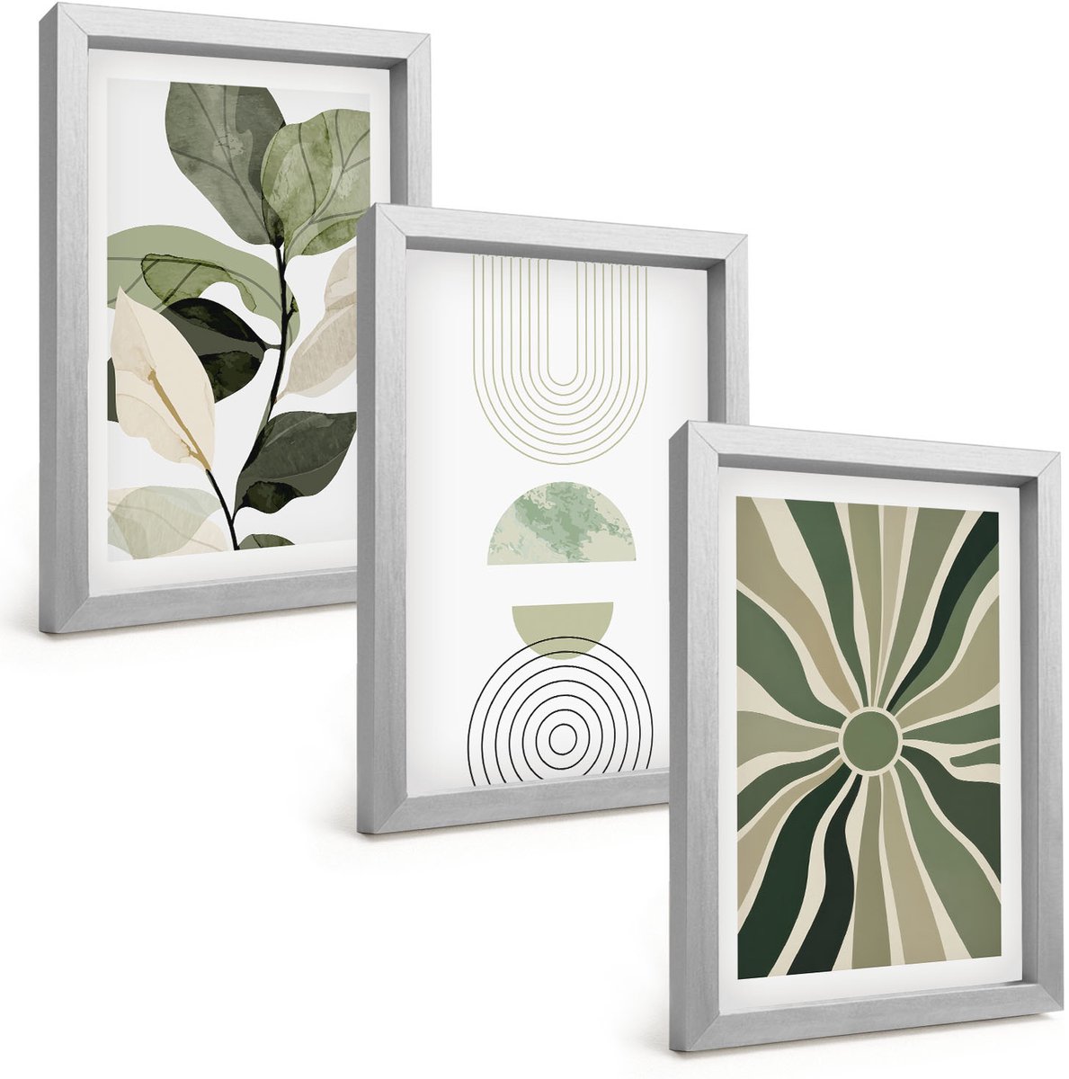 TULUP 4-Delige Schilderij Set - Plantmotieven met geometrische vormen in groen - 20 x 30 cm - Decoratieve Muurdecoratie - Slaapkamer - Wanddecoratie Zilveren lijst