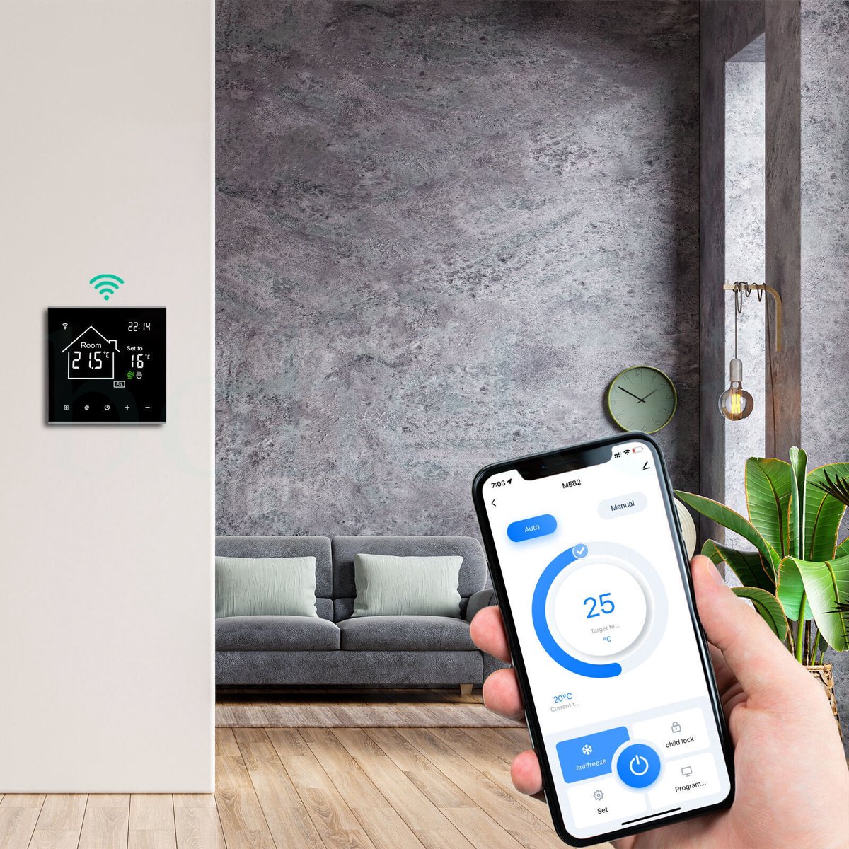 Wi-Fi slimme thermostaat – Watergedragen vloerverwarmingsregelaar – Bediening op afstand via mobiele telefoon – Energiebesparende functie met één druk op de knop – LCD-touchscreen – Witte achtergrondverlichting – 16A thumbnail 5