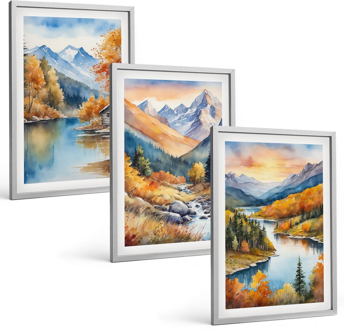 TULUP 4-Delige Schilderij Set - Berglandschap met een rivier en herfstbomen - 40 x 60 cm - Wanddecoratie - Moderne Interieurdecoratie - Stijlvolle Muurdecoratie Zilveren lijst