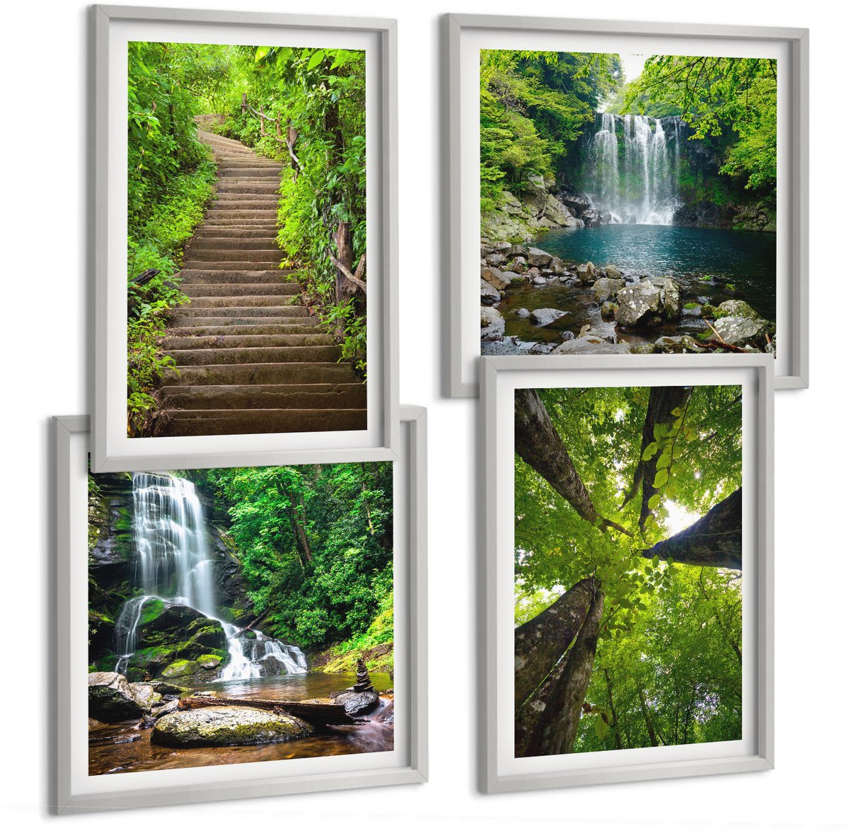 TULUP 4-Delige Schilderij Set - Bospad met waterval en groene vegetatie - 40 x 40 cm en 40 x 60 cm - Wanddecoratie - Muurdecoratie - Woonkamer - Moderne Wanddecoratie Zilveren lijst