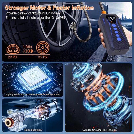 Draagbare Elektrische Luchtpomp 12V, Oplaadbare Accu Compressor 150 PSI, Elektrische Fietspomp met Digitale Drukmeter en LED-Licht, Mini Luchtcompressor voor Auto, Fiets en Motorfiets — afbeelding 4