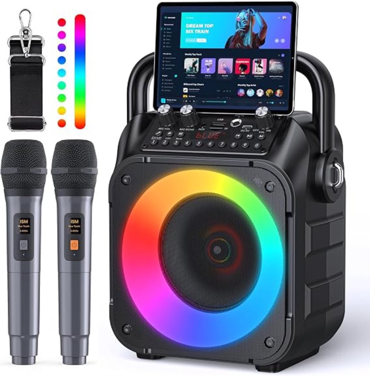 Thuys - Draagbare Karaoke Machine met 2 Draadloze Microfoons – Bluetooth 5.0 – 6,5" Speaker – LED Discoverlichting – USB – AUX – TF-kaart – 1,97 kg