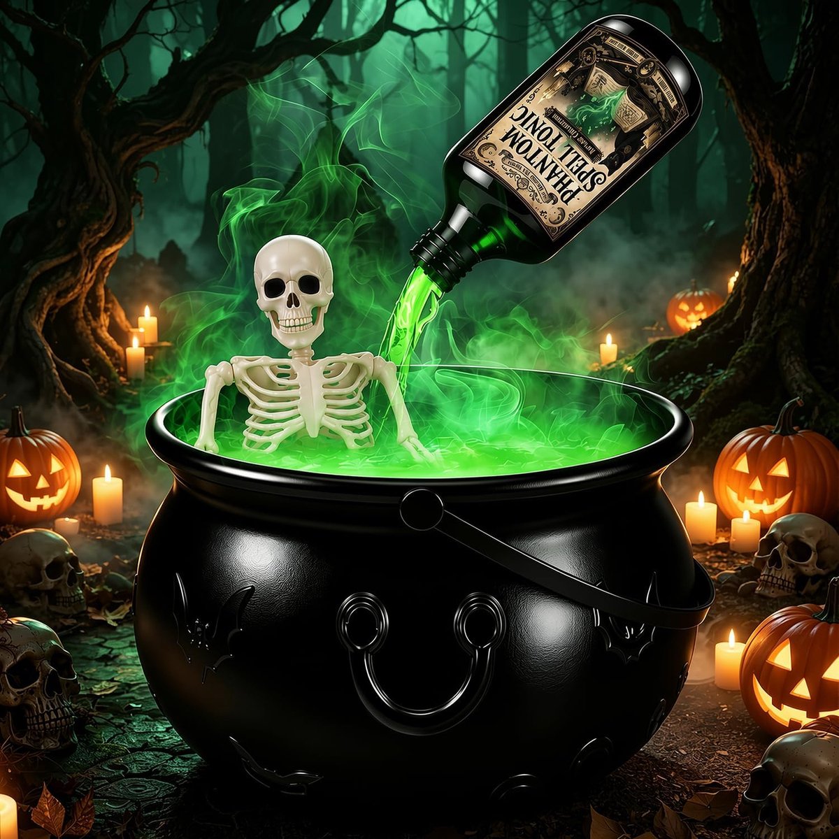 Halloween Decoration XXL Witch Kettle with Skeleton, Mist Effect and Green - ShopVlot