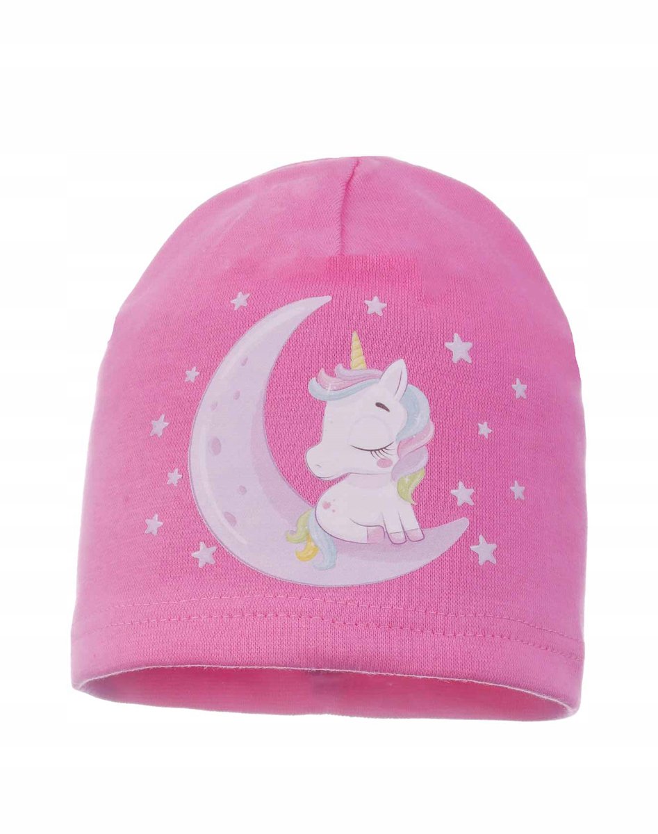 Roze katoenen babymuts met eenhoorn op de maan, maat 44/48