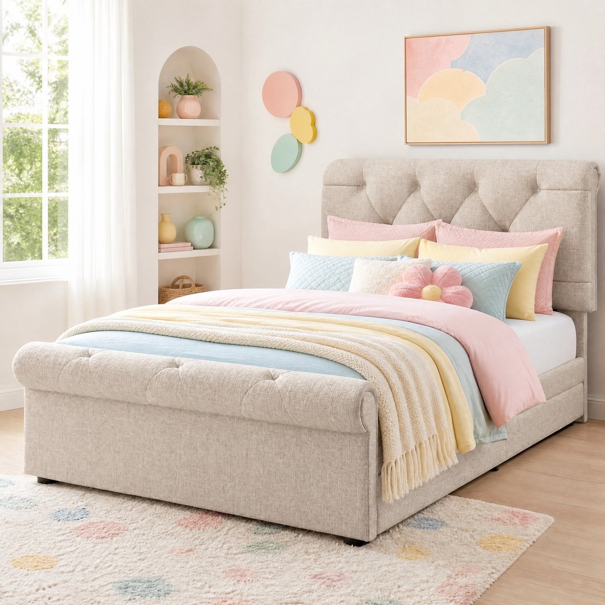 Bed – Verstelbaar Hoofdeinde En Twee Bedladen – 90 X 200 Cm – Hout, Metaal En Stof – Natuurlijk – Opbergruimte En Inclusief Matras