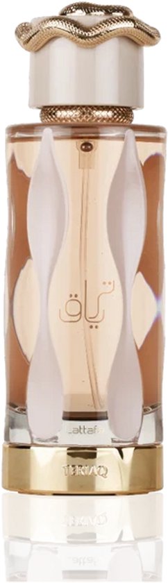 Lattafa Teriaq Eau de Parfum 100ml. Een fles met een gouden bodem en een witte dop met een gouden slangendetail.