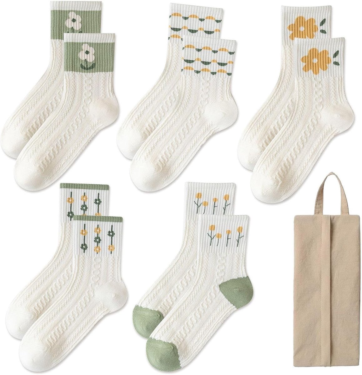 Paar Mid-Buis Sokken - Wit - Uniforme Maat - Zachte Bloemen Sokken met Opbergzak - Voor Dames
