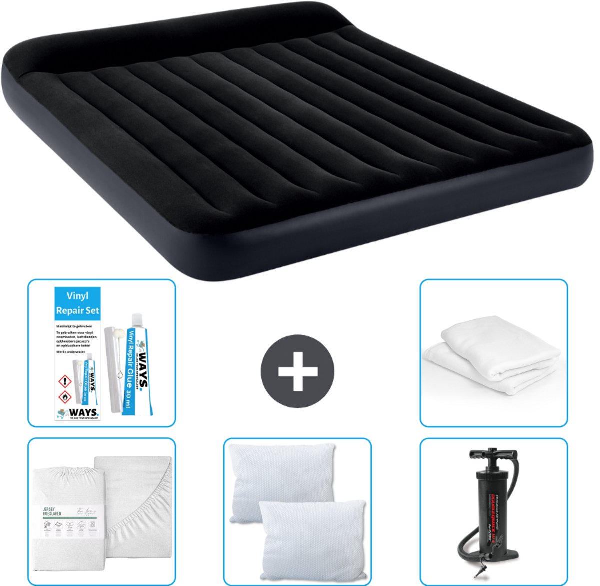 Intex Luchtbed - 2-Persoons - 183 x 203 x 25 cm - Donkerblauw - Inclusief Hoeslaken - Kussen - Pomp - Reparatieset en Kussenbeschermer