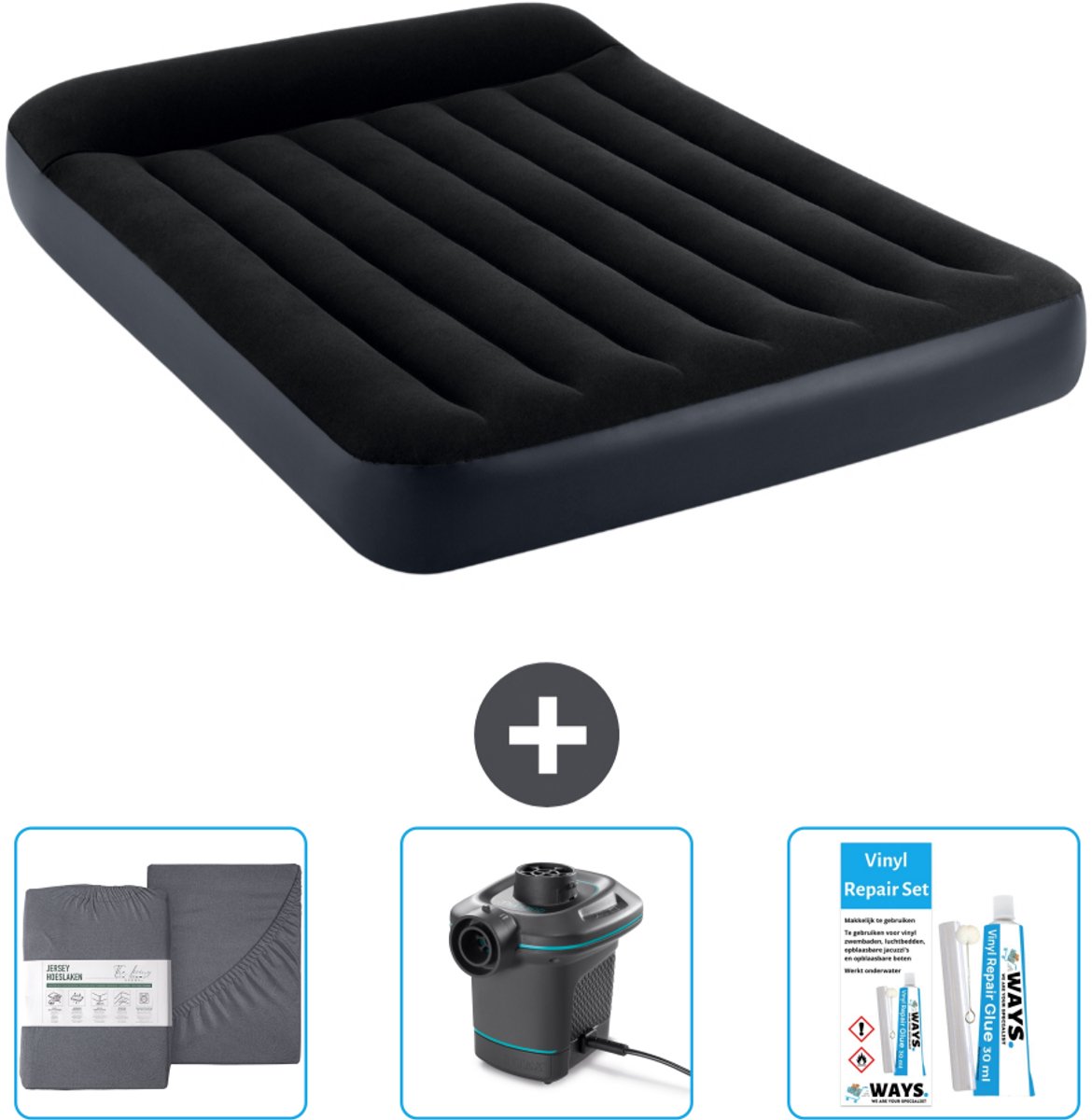 Intex Luchtbed - Twijfelaar - 137 x 191 x 25 cm - Donkerblauw - Inclusief Hoeslaken - Pomp en Reparatieset