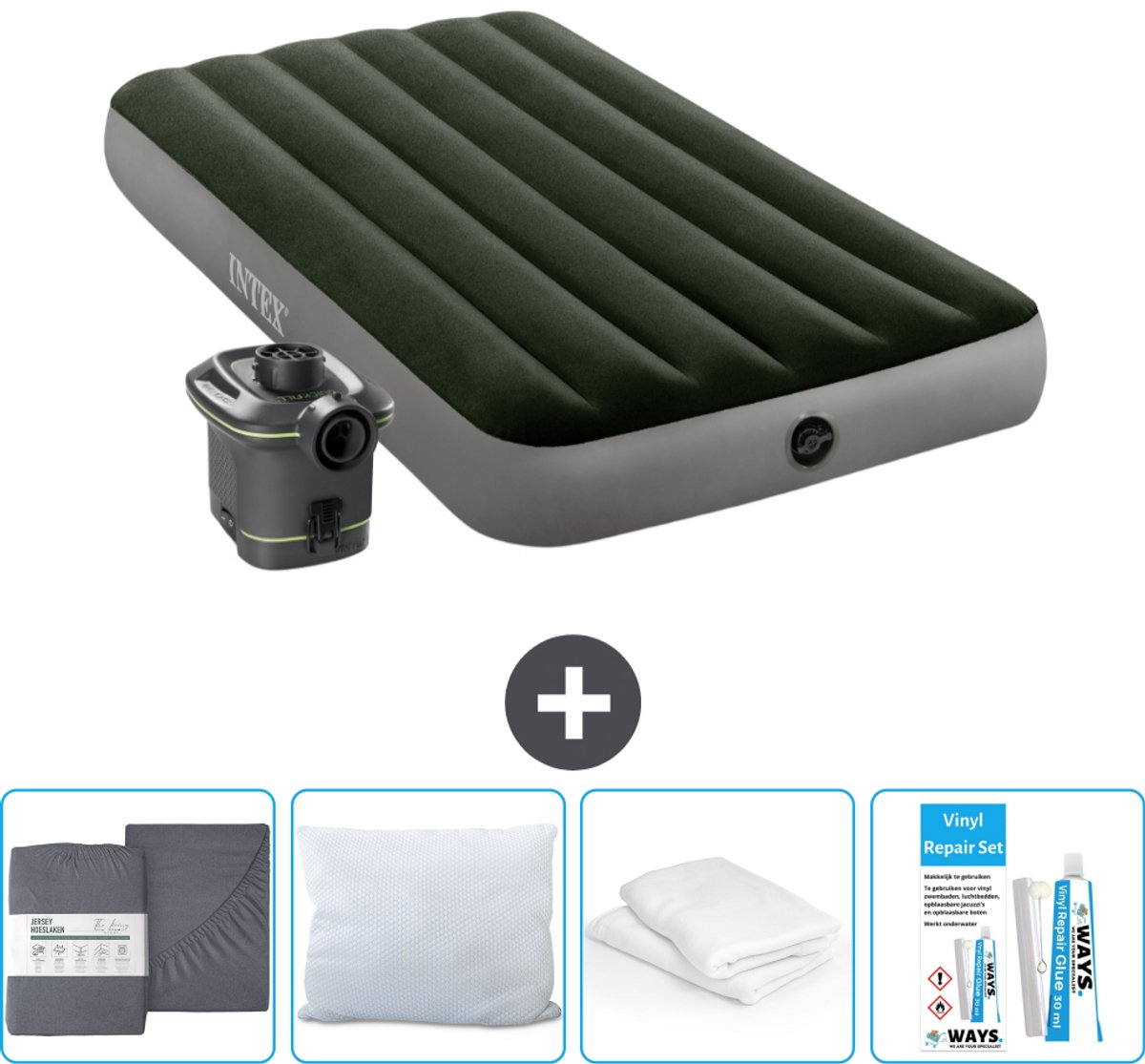 Intex Luchtbed - 1-Persoons - 99 x 191 x 25 cm - Groen - Inclusief pomp - Hoeslaken - Kussen - Reparatieset en Kussenbeschermer