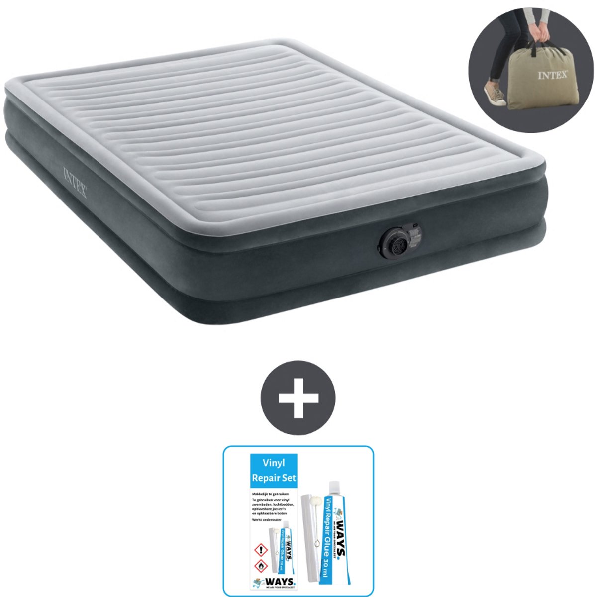 Intex Luchtbed - 2-Persoons - 152 x 203 x 33 cm - Grijs - Inclusief pomp - Reparatieset