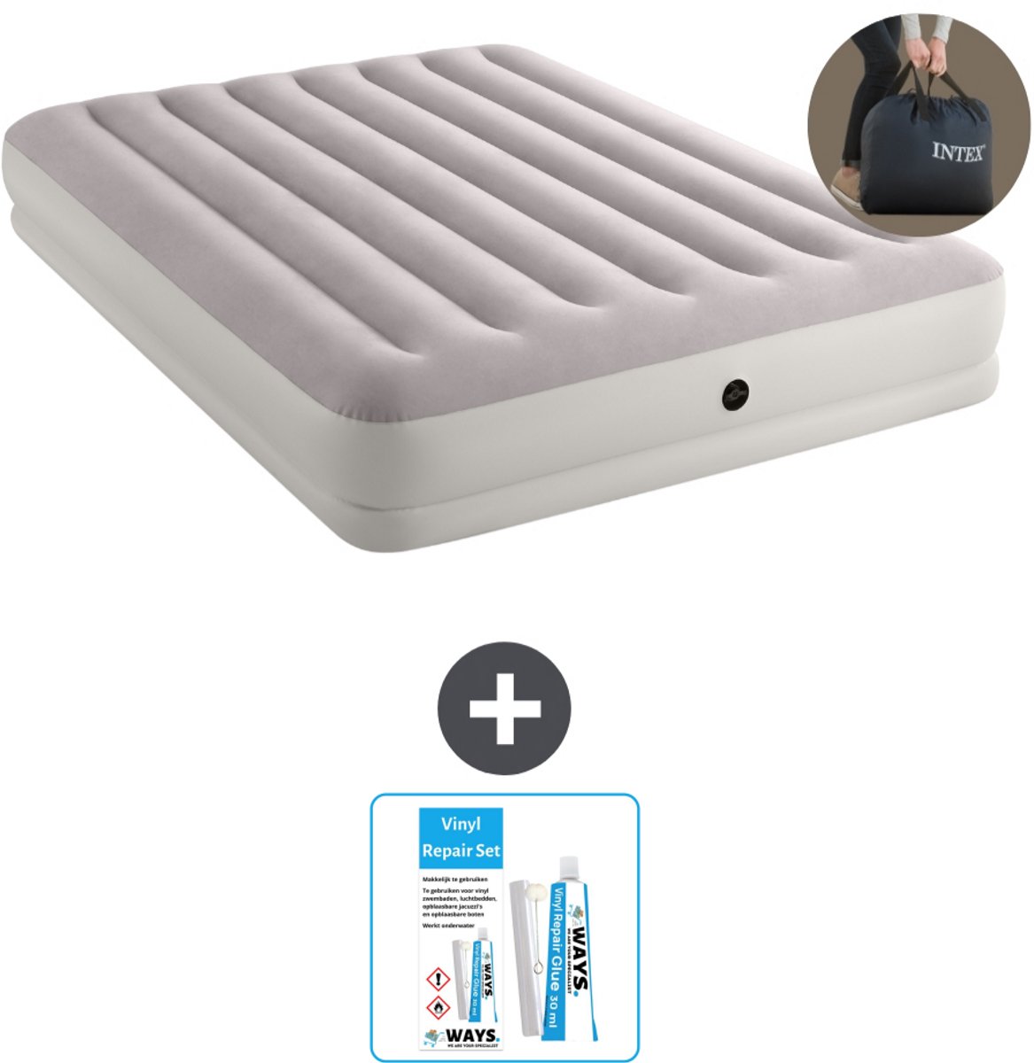 Intex Luchtbed - 2-Persoons - 152 x 203 x 30 cm - Grijs - Inclusief pomp - Reparatieset