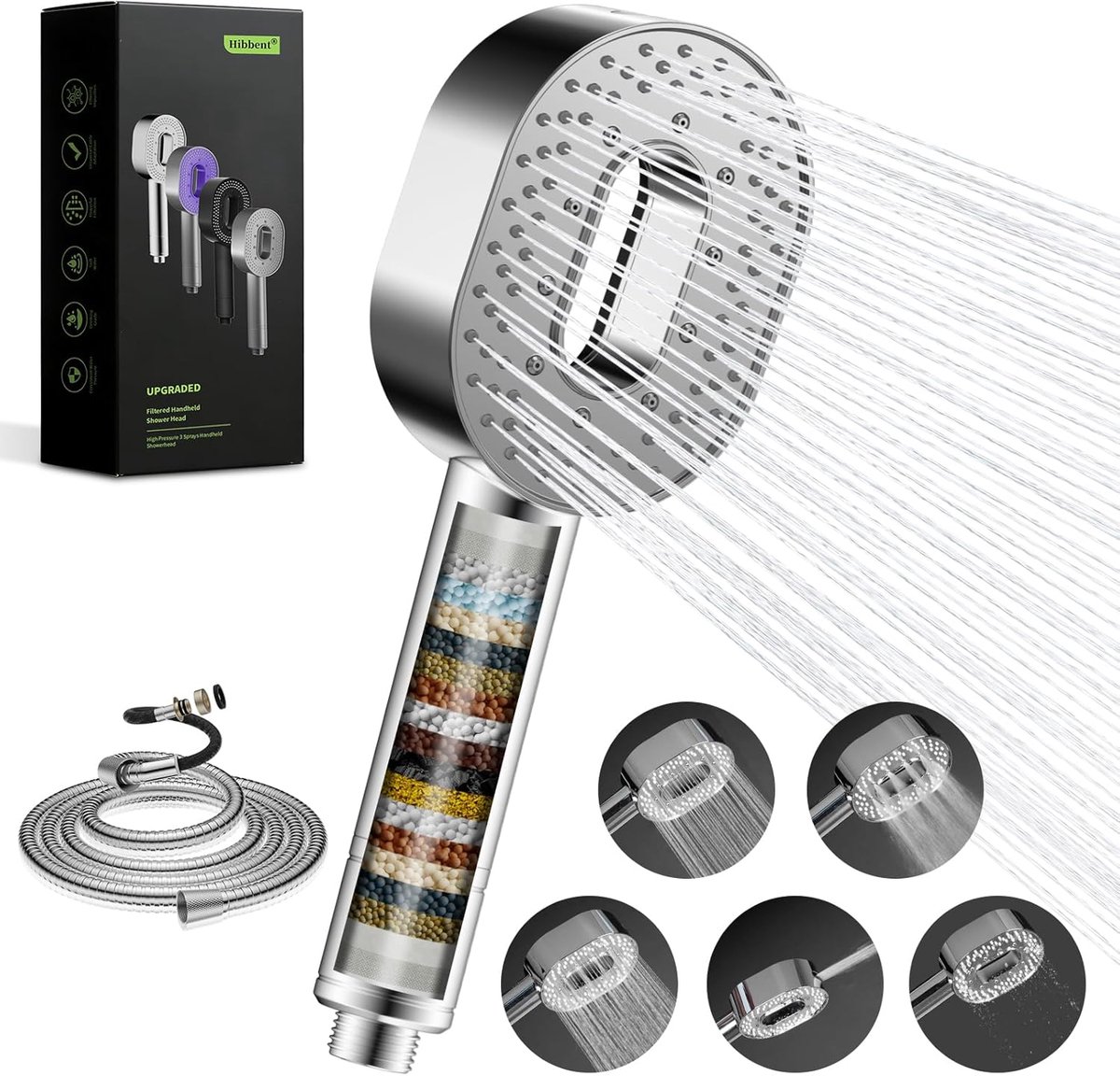 Hibbent Filter douchekop met slang 1,5m, 5 straalsoorten, zwart - ShopVlot