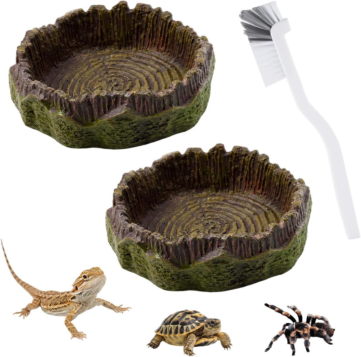 PVC-schildpadbakjes in de vorm van een boomstam – Set van 2 met schoonmaakborstel, 7x7x2 cm, voor reptielen, amfibieën - ShopVlot