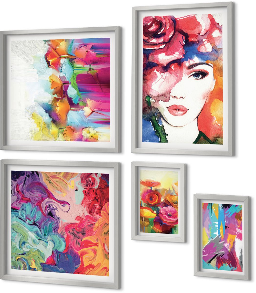 Coloray 5-Delige Schilderij Set - Kleurrijke Abstracties Met Dynamische Vormen En Figuren - 20 x 30 cm - Moderne Wanddecoratie - Woonkamer - Woonkamer Decoratie