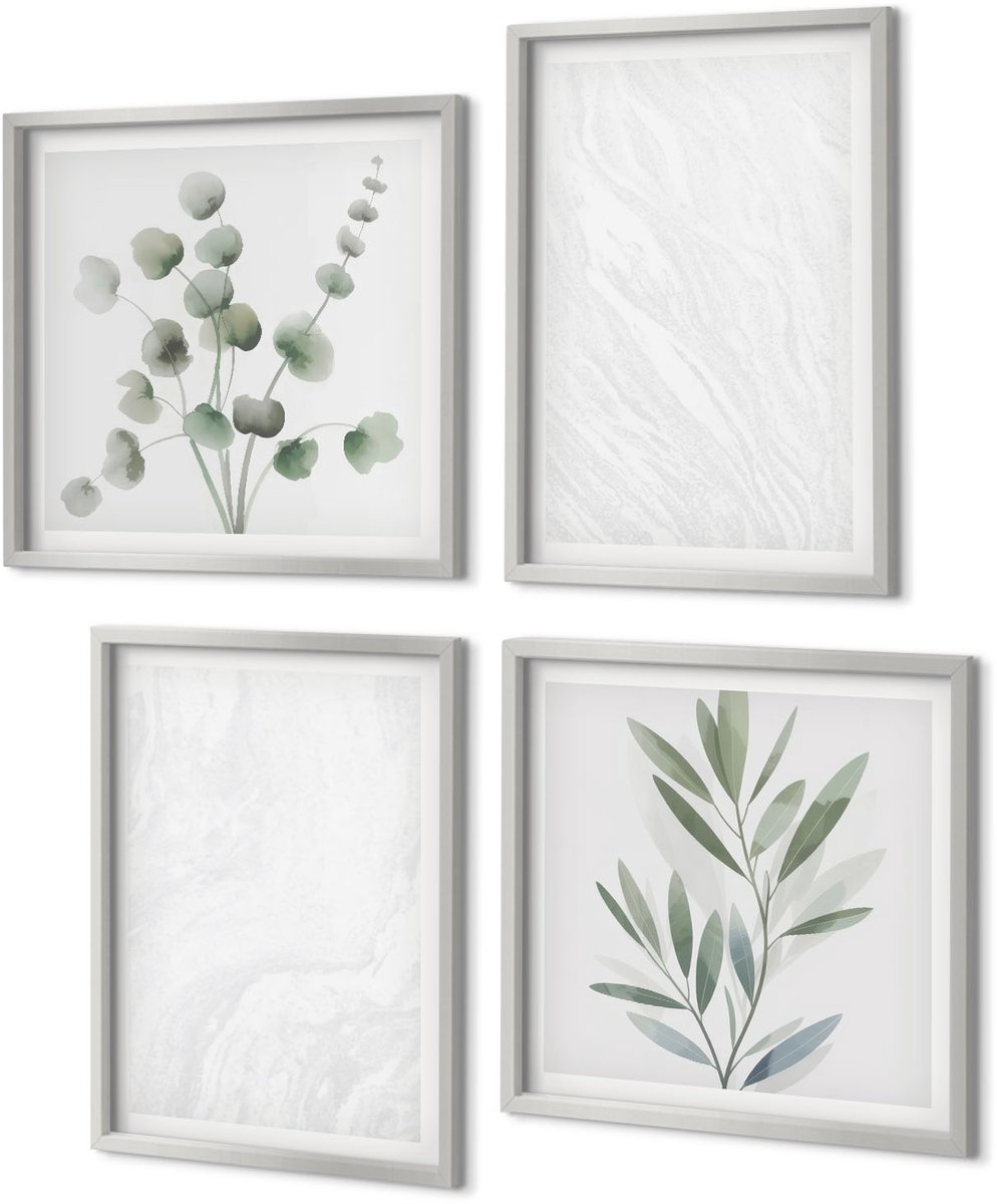 Coloray 4-Delige Schilderij Set - Elegante lineaire structuur van marmer met pastelkleurige takken - 40 x 40 cm en 40 x 60 cm - Moderne Wanddecoratie - Slaapkamer