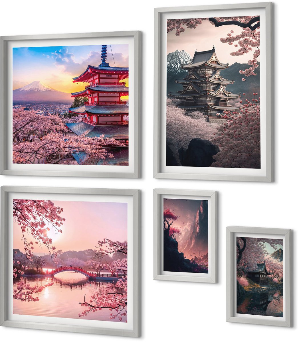 Coloray 5-Delige Schilderij Set - Fantasielandschappen Van Japan Berglandschappen - 20 x 30 cm - Schilderijen Set - Wanddecoratie - Woonkamer - Decoratieve Schilderijen