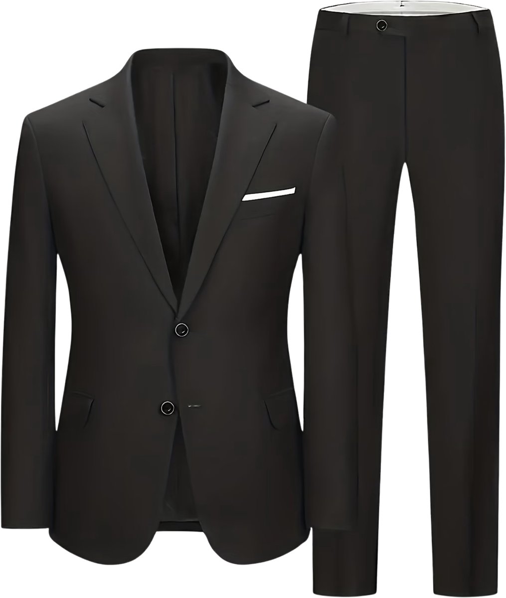 Currero 3 Delig Herenpak Met Overhemd - Suit 2 Delig - Tailored Fit Kostuum - Business Pak - Trouwpak - Smoking - Tuxedo Stijl - Bruiloft, Kantoor & Feest - Zwart XS