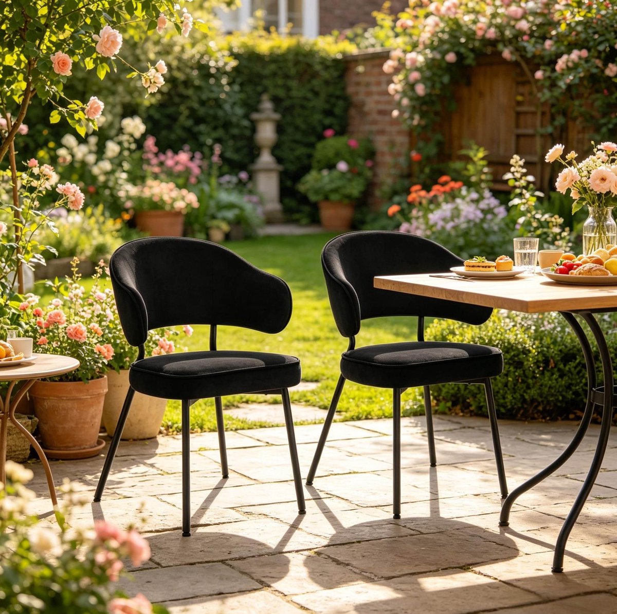 FloraGrace Eetkamerstoel – Set Van 2 – Met Armleuningen En Zachte Velvet Zitting – Voor Eetkamer, Woonkamer En Slaapkamer – Metaal – Zwart