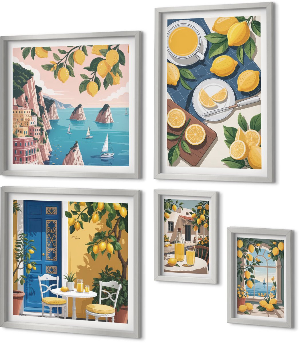 Coloray 5-Delige Schilderij Set - Bergen Met Roze Lucht, Water En Groene Vetplanten - 20 x 30 cm - Moderne Wanddecoratie - Slaapkamer - Woonkamer Decoratie