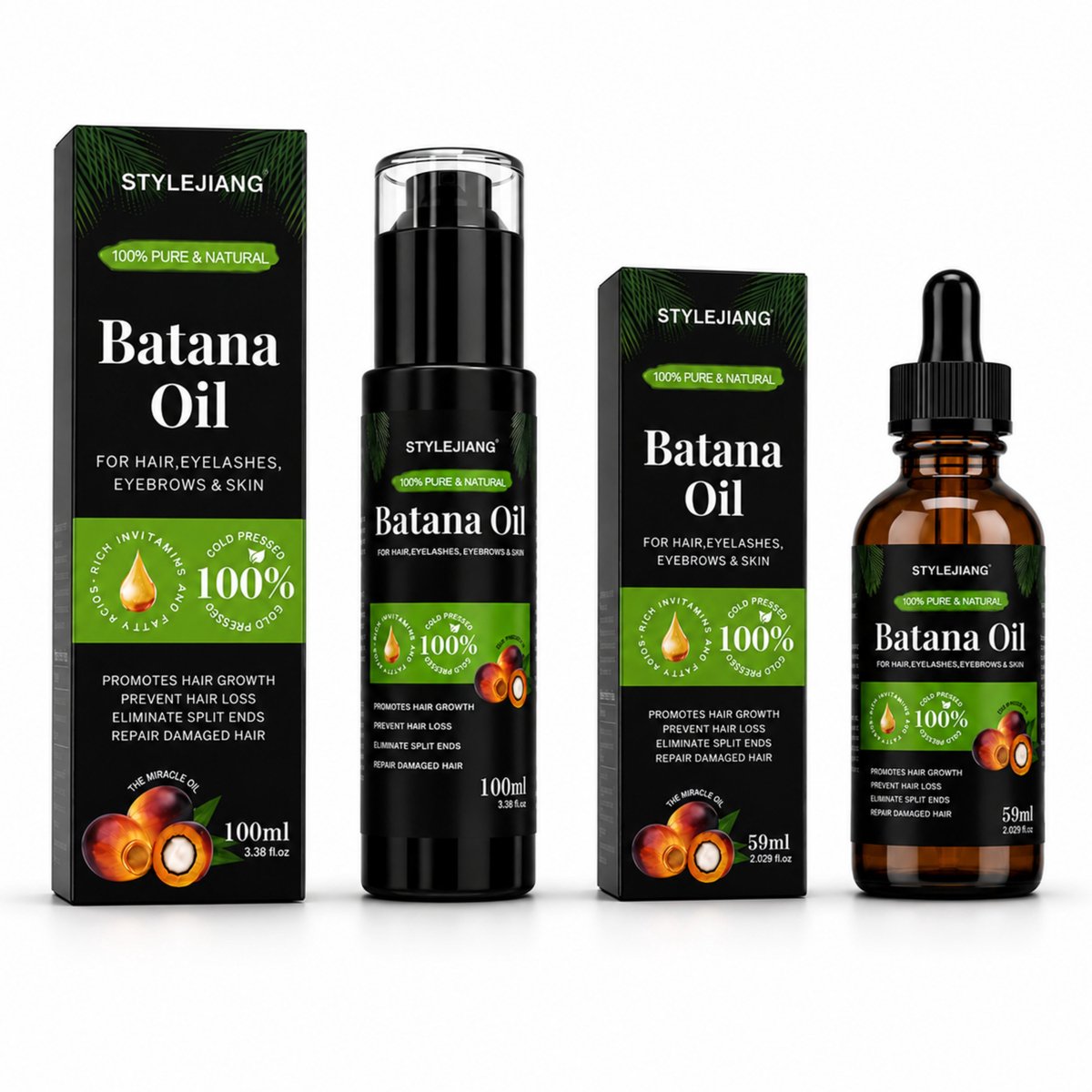 Batana Olie - 100% Puur, Natuurlijk - 59ml en 100ml - 2 stuks - Multifunctionele Verzorgingsolie voor Haar, Wimpers, Wenkbrauwen en Huid