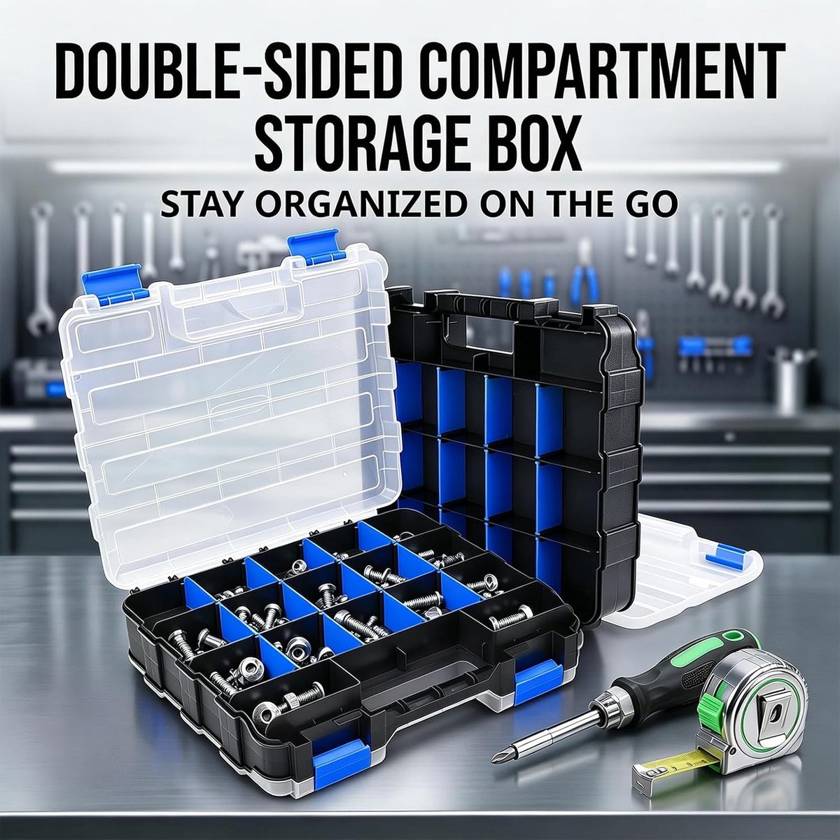 Schroeven opbergsysteem met laden - Blauw - 32 x 27 x 8 cm - Kunststof organizer met 34 vakken - Voor kleine onderdelen en gereedschap